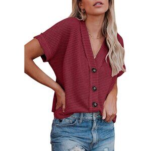 Stylish Waffle Knit Short Sleeve Blouse - Effortless Summer Elegance in XX-Large